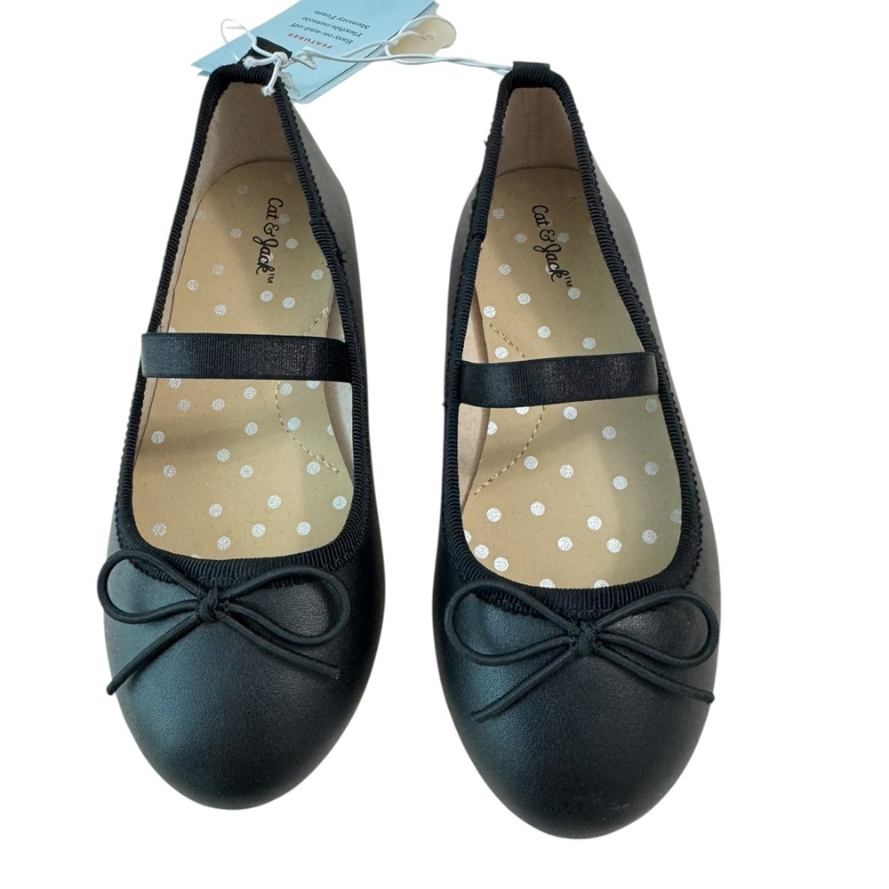 Cat & Jack Girls Black Ballet Flats Size 10 NWT Classic Mary Jane Bow Shoes